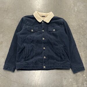 Y2K 2000s Anchor Blue Navy Corduroy Jacket Sherpa Lined Mens X-Large 23x27”